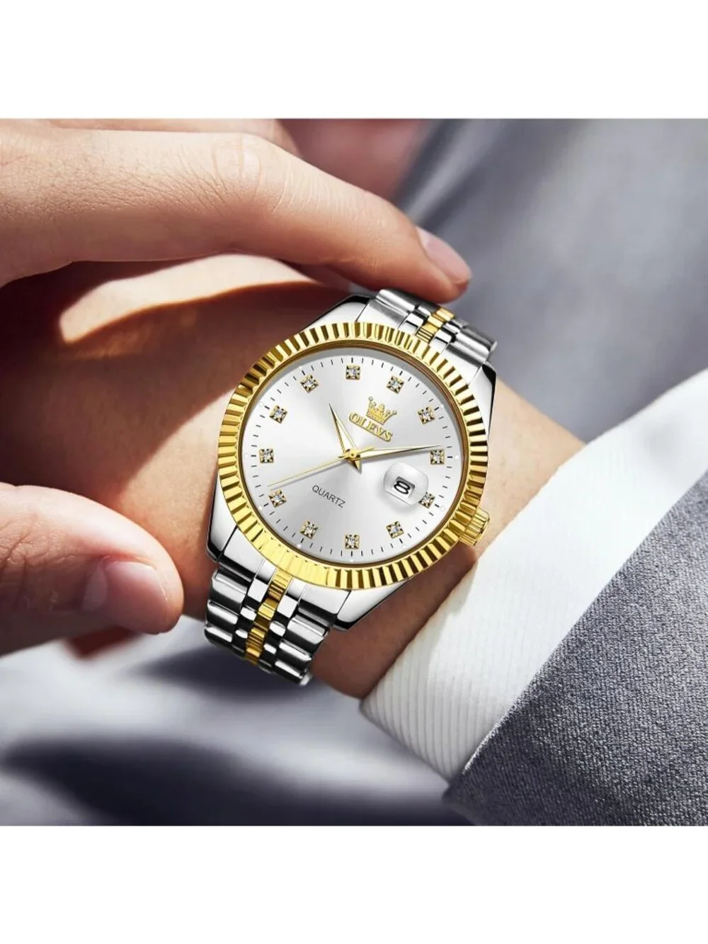 Olevs Mens Silver Gold Luxury White Dimond Dot Face Analog Quartz Luminous Watch